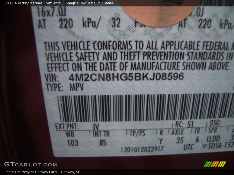Sangria Red Metallic / Stone 2011 Mercury Mariner Premier V6