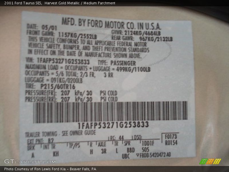 Harvest Gold Metallic / Medium Parchment 2001 Ford Taurus SES