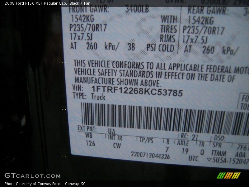 2008 F150 XLT Regular Cab Black Color Code UA