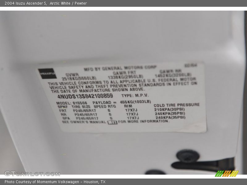 Arctic White / Pewter 2004 Isuzu Ascender S