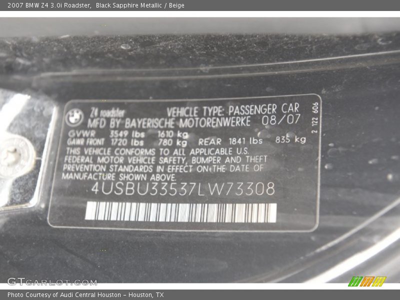 Black Sapphire Metallic / Beige 2007 BMW Z4 3.0i Roadster