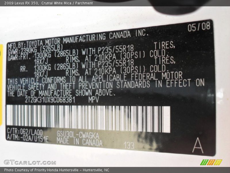 Crystal White Mica / Parchment 2009 Lexus RX 350