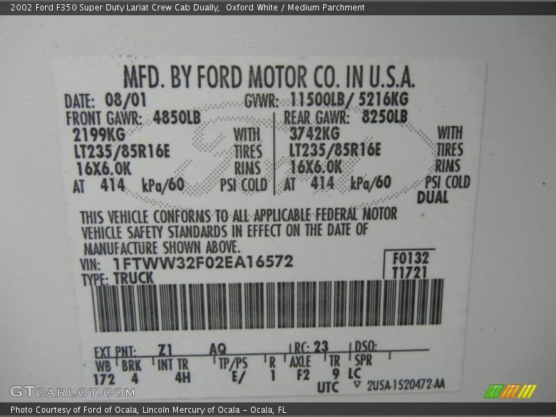 2002 F350 Super Duty Lariat Crew Cab Dually Oxford White Color Code Z1