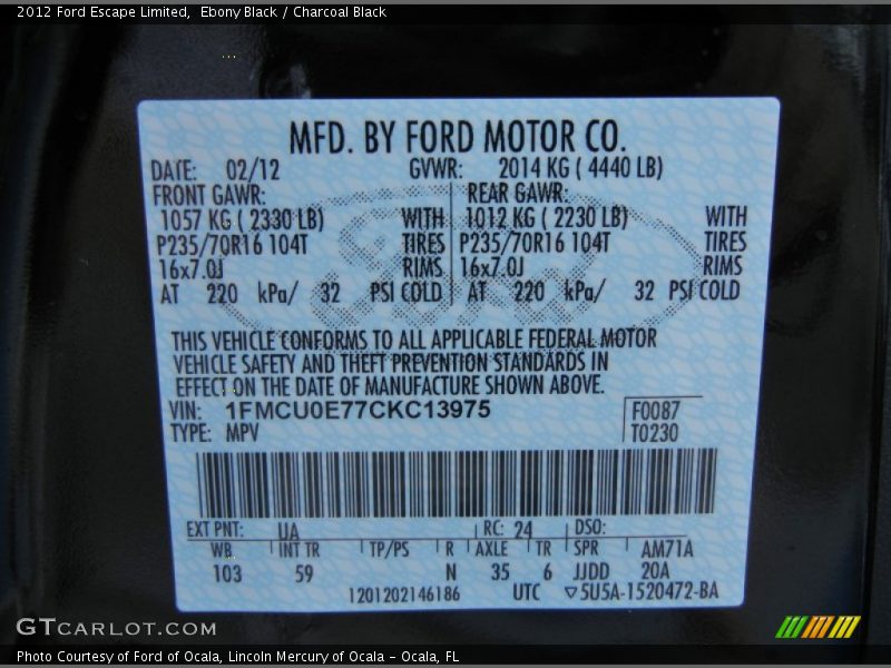 Ebony Black / Charcoal Black 2012 Ford Escape Limited