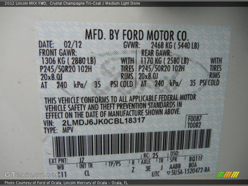 Crystal Champagne Tri-Coat / Medium Light Stone 2012 Lincoln MKX FWD