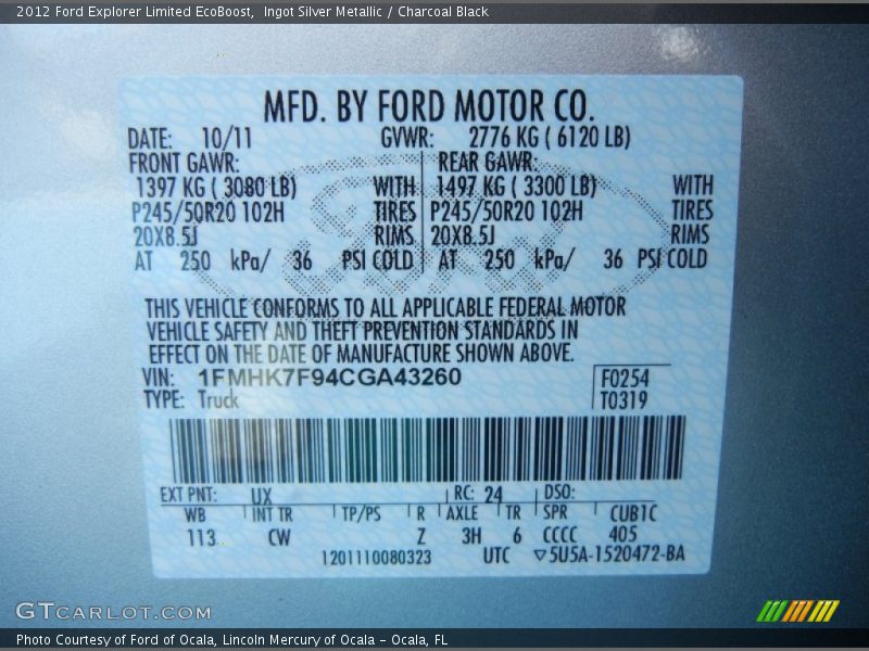 Ingot Silver Metallic / Charcoal Black 2012 Ford Explorer Limited EcoBoost