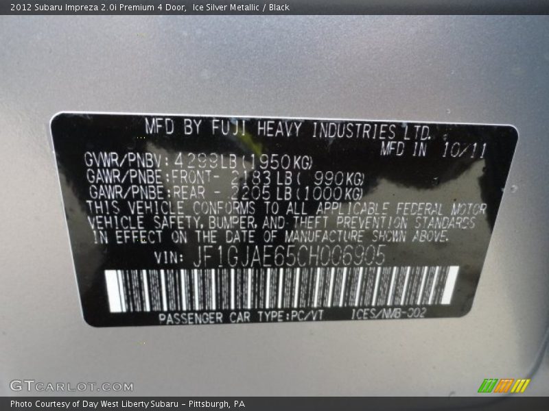 Ice Silver Metallic / Black 2012 Subaru Impreza 2.0i Premium 4 Door