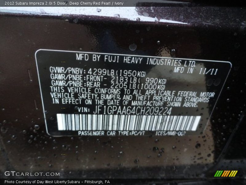 Deep Cherry Red Pearl / Ivory 2012 Subaru Impreza 2.0i 5 Door