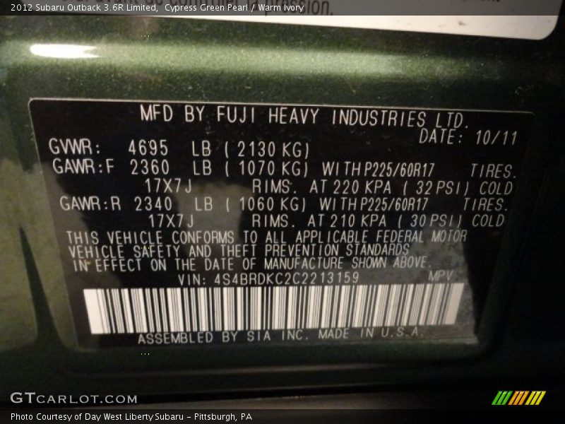 Cypress Green Pearl / Warm Ivory 2012 Subaru Outback 3.6R Limited