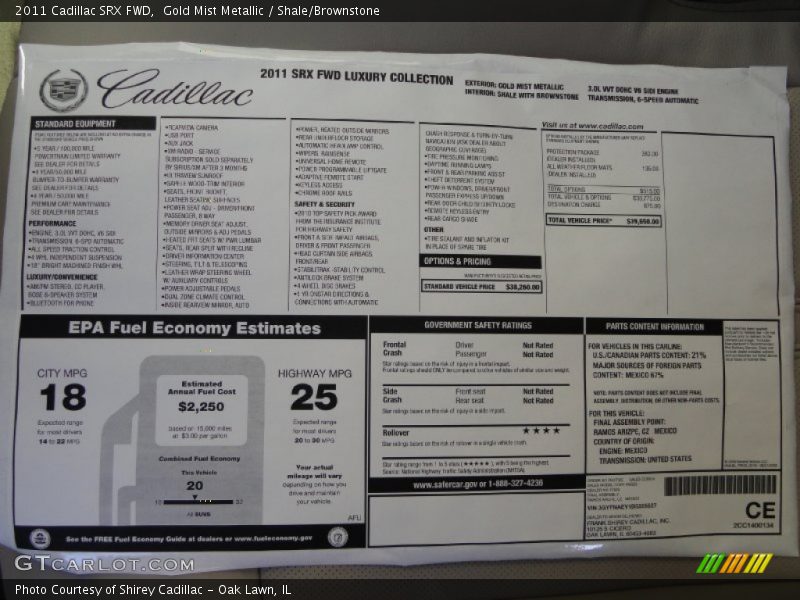  2011 SRX FWD Window Sticker