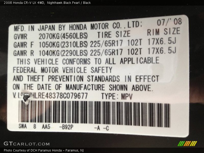 Nighthawk Black Pearl / Black 2008 Honda CR-V LX 4WD