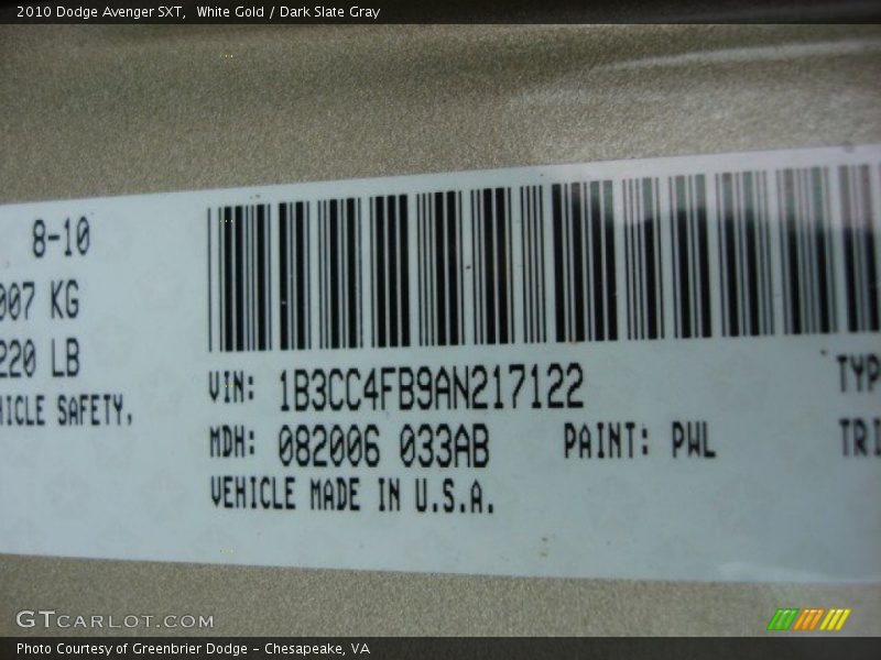 White Gold / Dark Slate Gray 2010 Dodge Avenger SXT