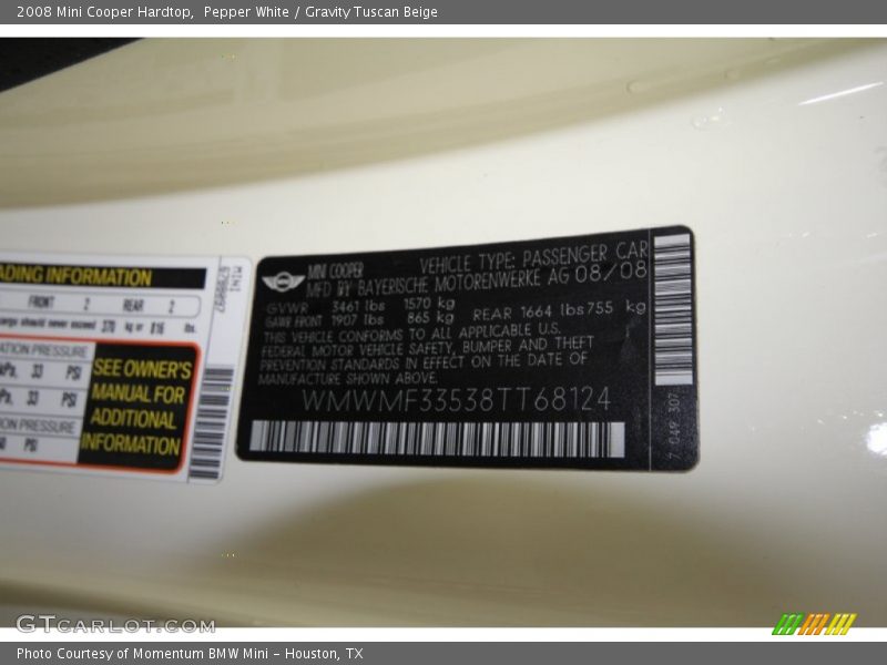 Pepper White / Gravity Tuscan Beige 2008 Mini Cooper Hardtop