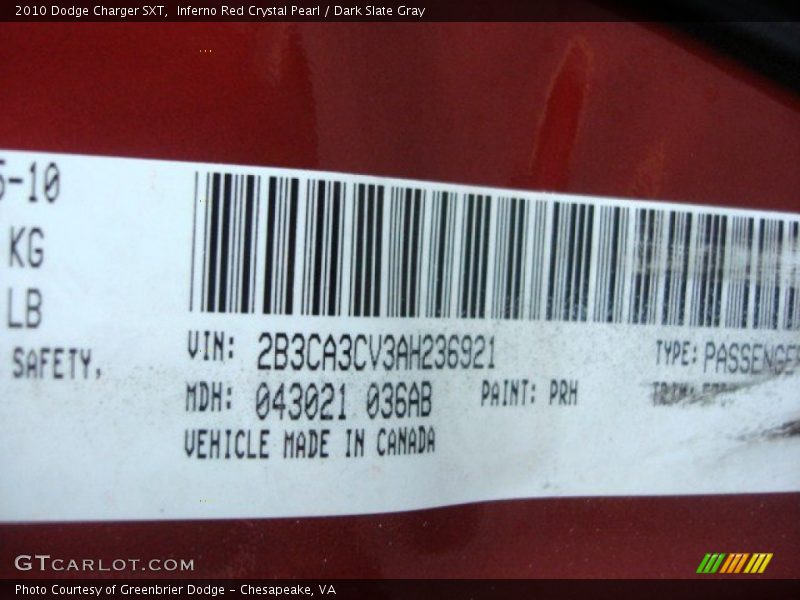 2010 Charger SXT Inferno Red Crystal Pearl Color Code PRH