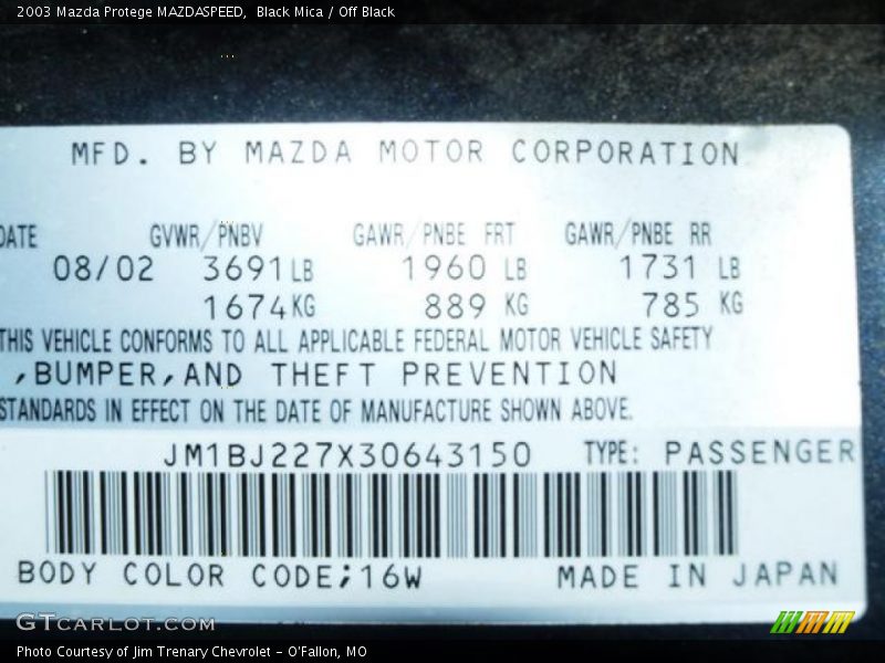 2003 Protege MAZDASPEED Black Mica Color Code 16W