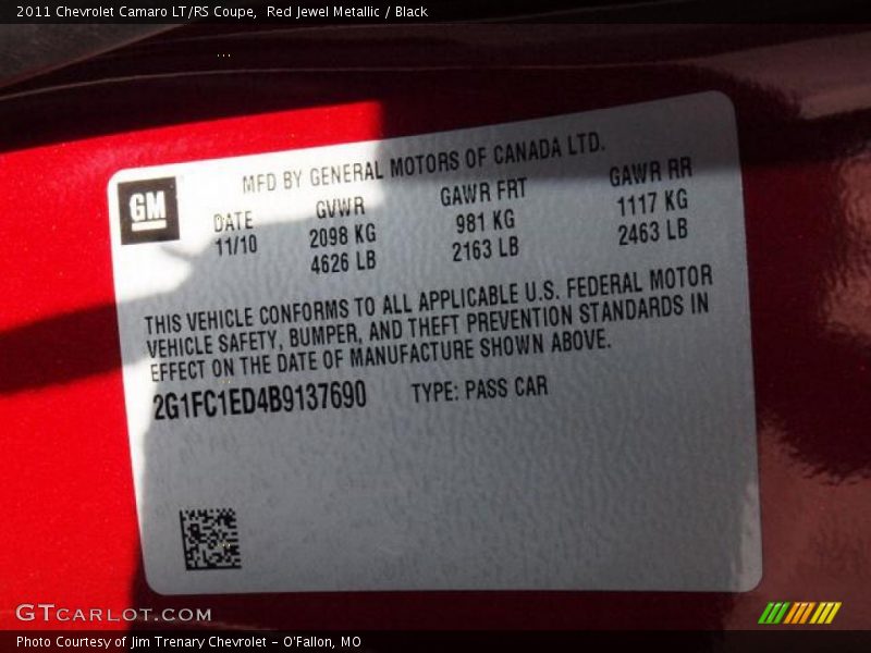 Red Jewel Metallic / Black 2011 Chevrolet Camaro LT/RS Coupe
