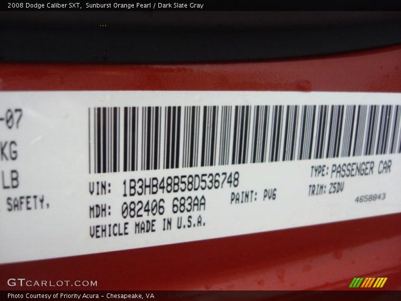 2008 Caliber SXT Sunburst Orange Pearl Color Code PV6