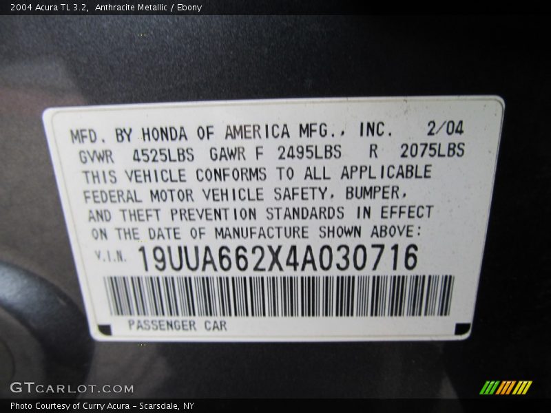 Anthracite Metallic / Ebony 2004 Acura TL 3.2