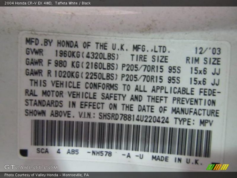 Taffeta White / Black 2004 Honda CR-V EX 4WD