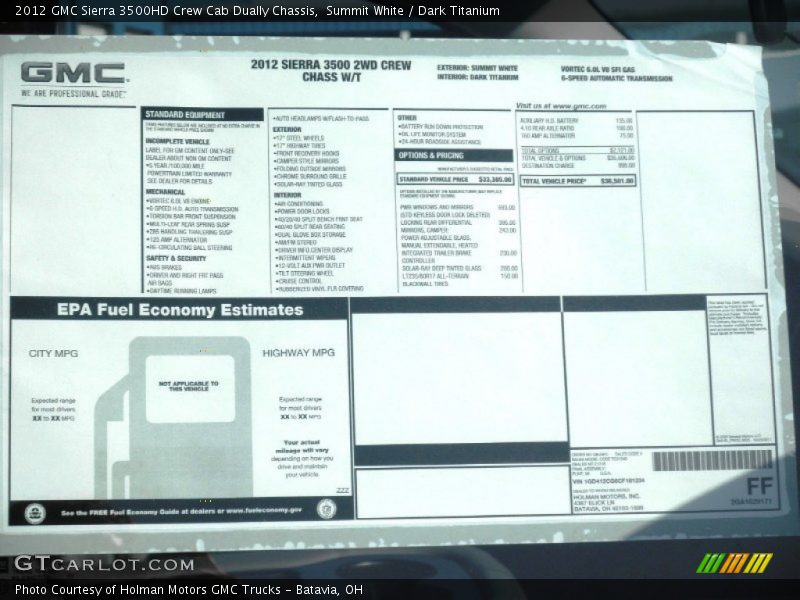  2012 Sierra 3500HD Crew Cab Dually Chassis Window Sticker