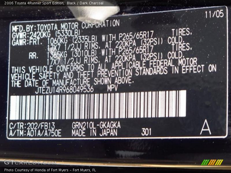 Black / Dark Charcoal 2006 Toyota 4Runner Sport Edition