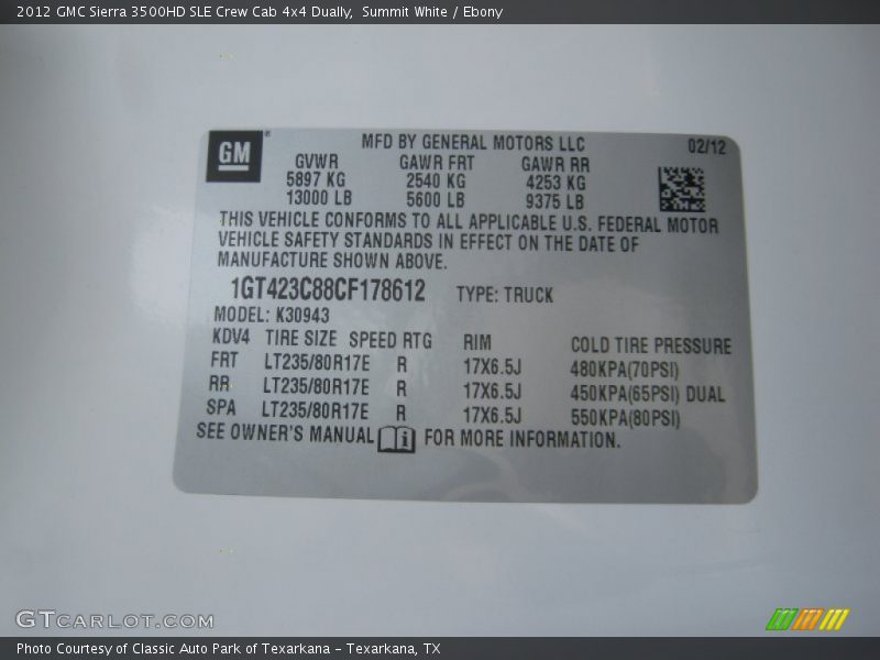 Summit White / Ebony 2012 GMC Sierra 3500HD SLE Crew Cab 4x4 Dually