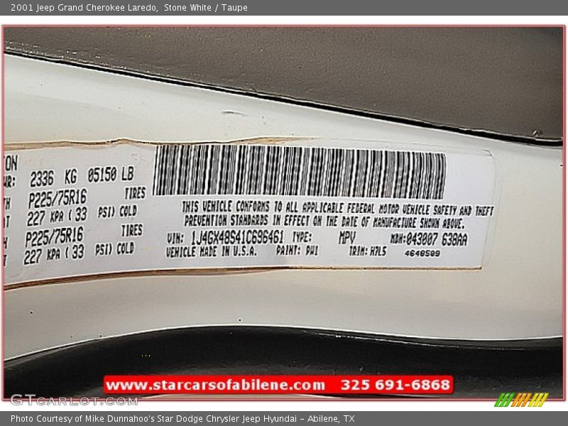 Stone White / Taupe 2001 Jeep Grand Cherokee Laredo