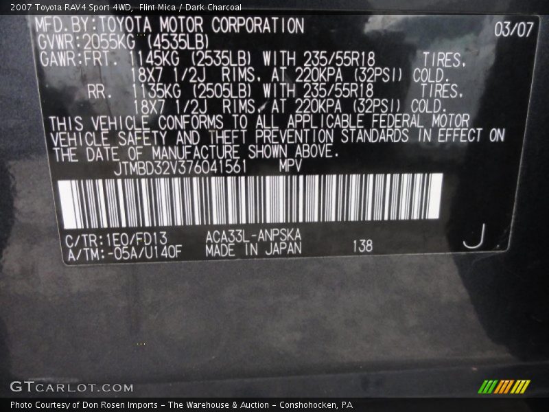 2007 RAV4 Sport 4WD Flint Mica Color Code 1E0