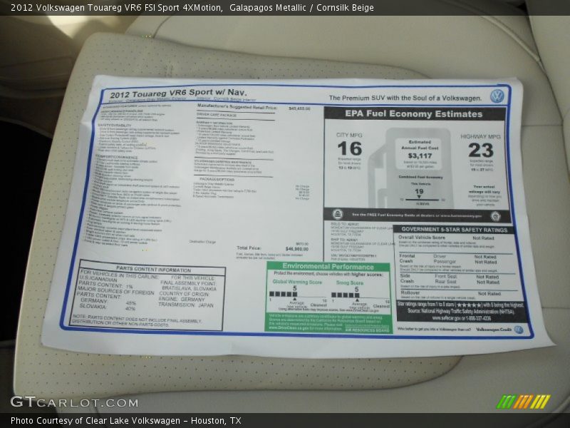  2012 Touareg VR6 FSI Sport 4XMotion Window Sticker