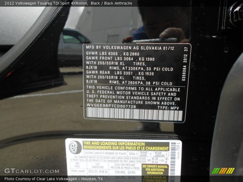 Info Tag of 2012 Touareg TDI Sport 4XMotion