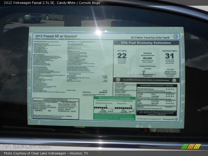 Candy White / Cornsilk Beige 2012 Volkswagen Passat 2.5L SE