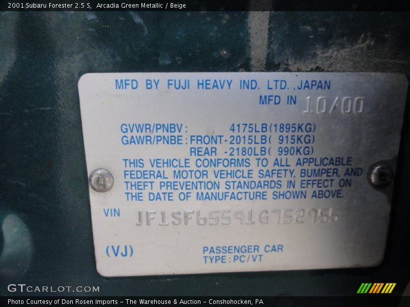 Arcadia Green Metallic / Beige 2001 Subaru Forester 2.5 S