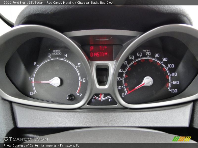 Red Candy Metallic / Charcoal Black/Blue Cloth 2011 Ford Fiesta SEL Sedan
