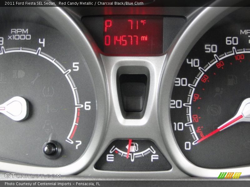 Red Candy Metallic / Charcoal Black/Blue Cloth 2011 Ford Fiesta SEL Sedan
