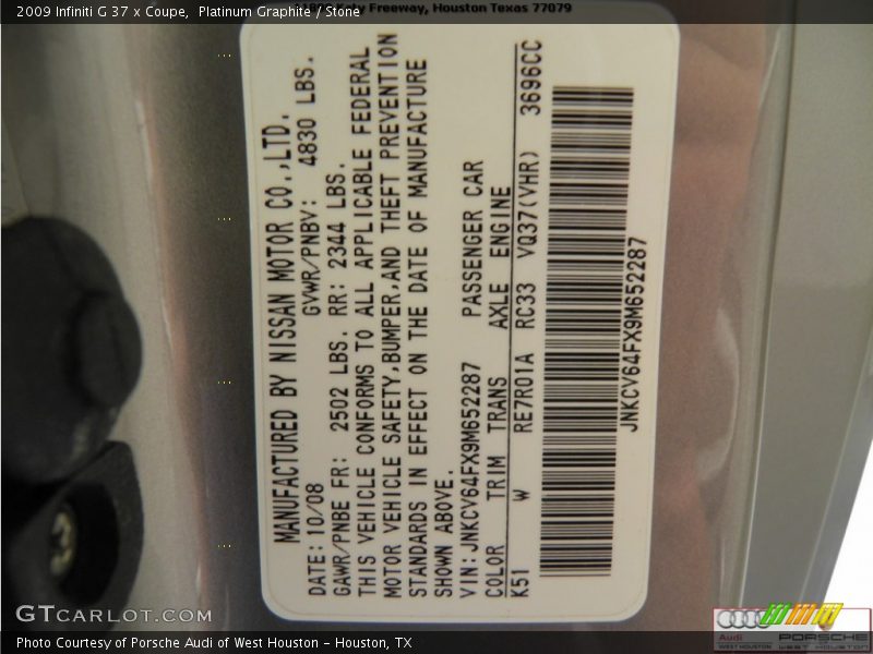 2009 G 37 x Coupe Platinum Graphite Color Code K51
