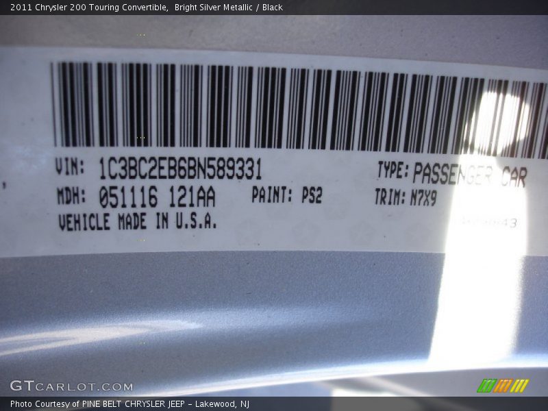 2011 200 Touring Convertible Bright Silver Metallic Color Code PS2