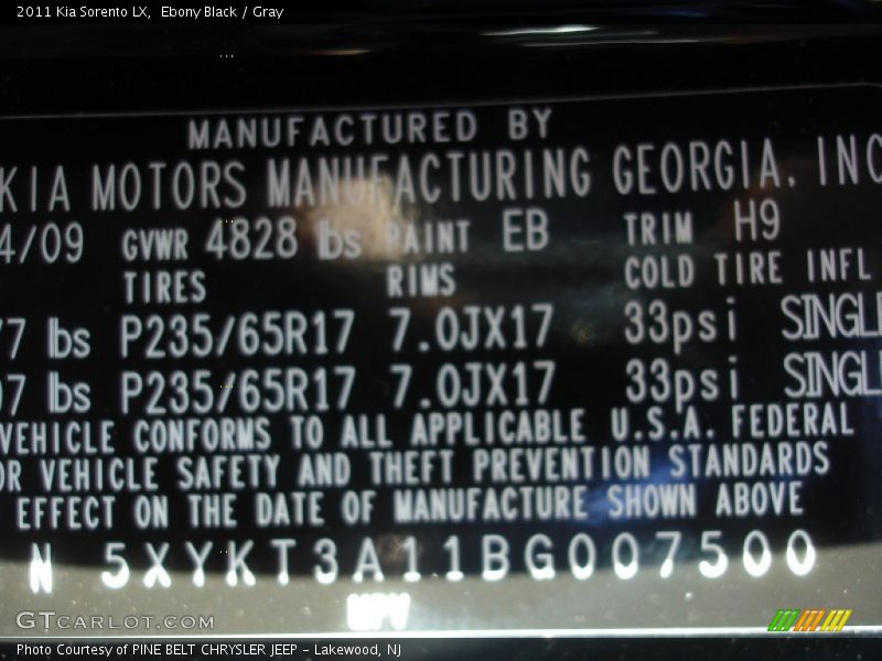2011 Sorento LX Ebony Black Color Code EB