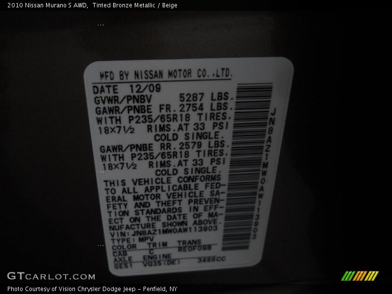 2010 Murano S AWD Tinted Bronze Metallic Color Code CAB
