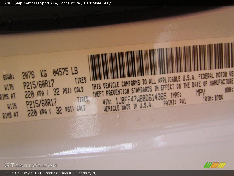 2008 Compass Sport 4x4 Stone White Color Code PW1