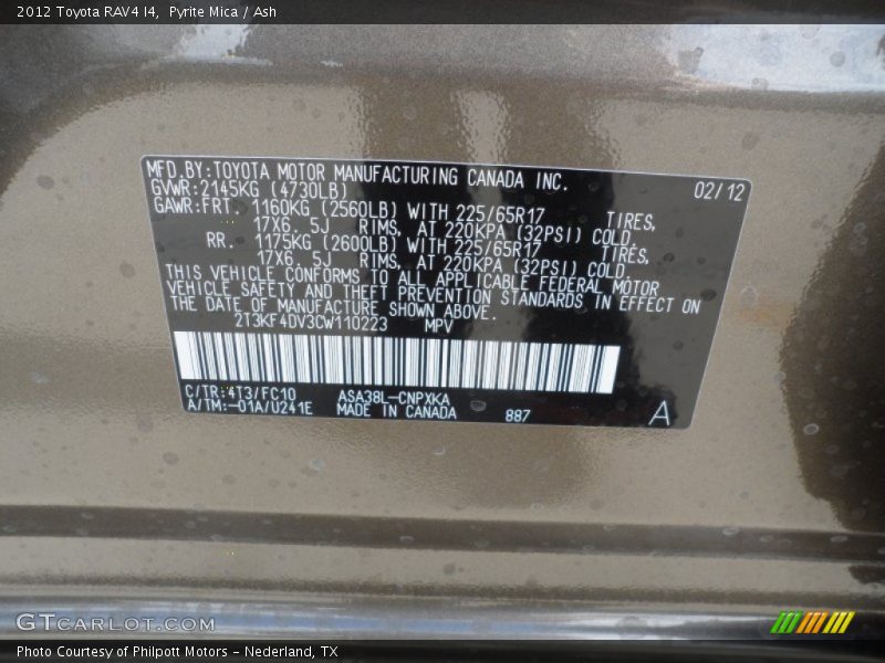 2012 RAV4 I4 Pyrite Mica Color Code 4T3