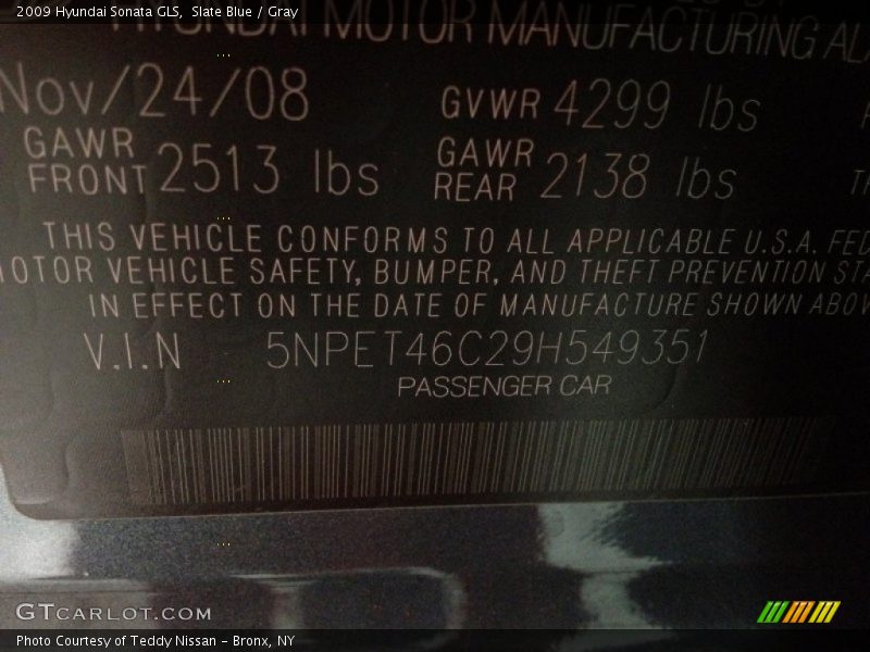 Slate Blue / Gray 2009 Hyundai Sonata GLS