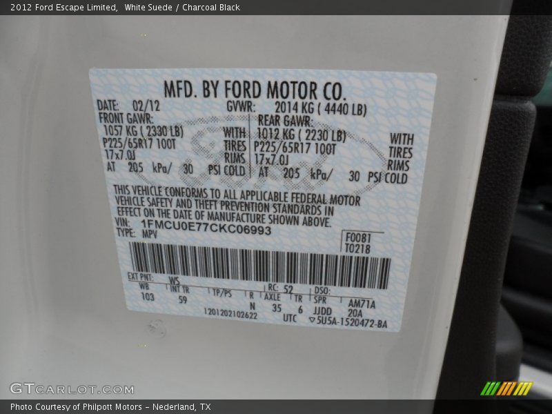 White Suede / Charcoal Black 2012 Ford Escape Limited