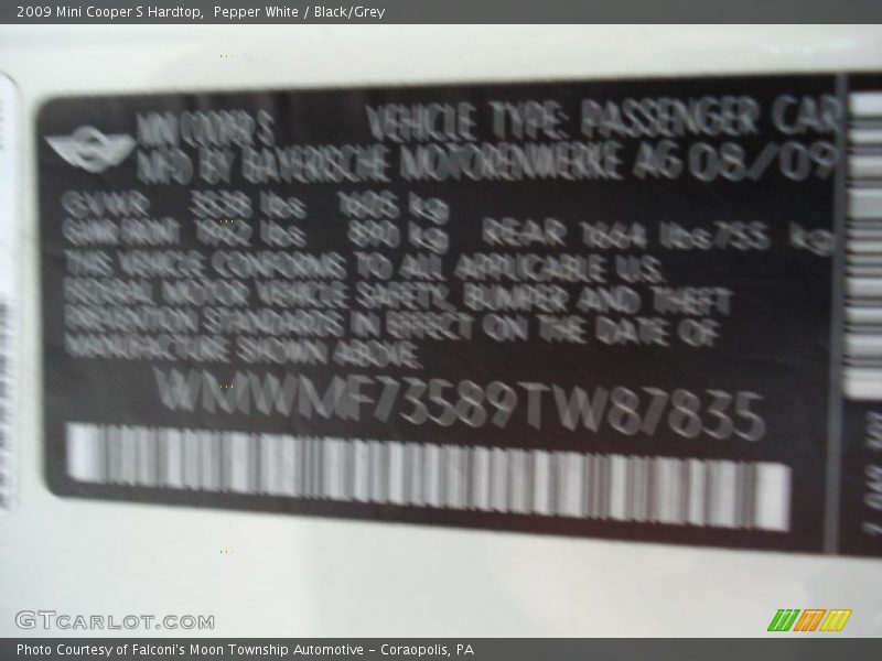 Pepper White / Black/Grey 2009 Mini Cooper S Hardtop