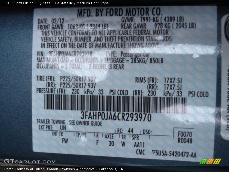 Steel Blue Metallic / Medium Light Stone 2012 Ford Fusion SEL