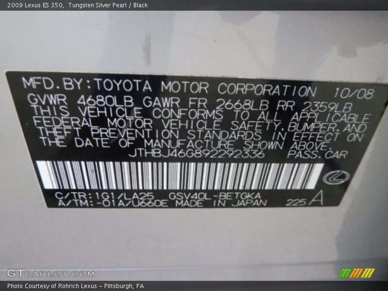 Tungsten Silver Pearl / Black 2009 Lexus ES 350