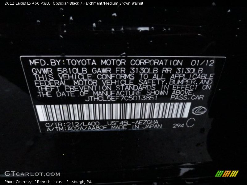 2012 LS 460 AWD Obsidian Black Color Code 212
