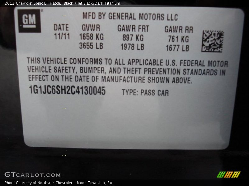Black / Jet Black/Dark Titanium 2012 Chevrolet Sonic LT Hatch