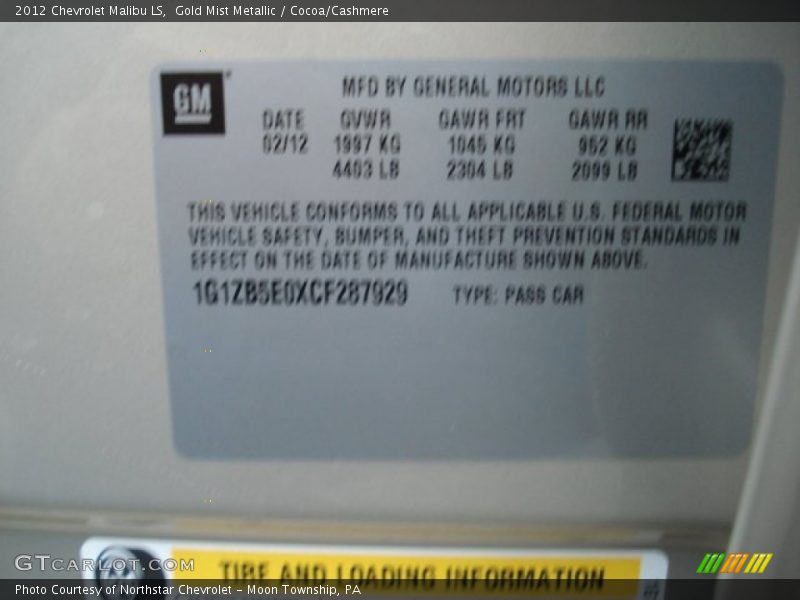 Gold Mist Metallic / Cocoa/Cashmere 2012 Chevrolet Malibu LS