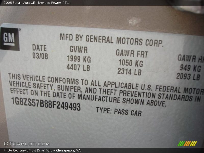 Bronzed Pewter / Tan 2008 Saturn Aura XE