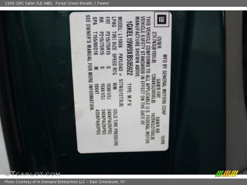Forest Green Metallic / Pewter 1999 GMC Safari SLE AWD